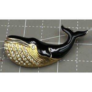 Vintage Swarovski Whale Brooch Black Enamel & Gold Tone Rhinestone